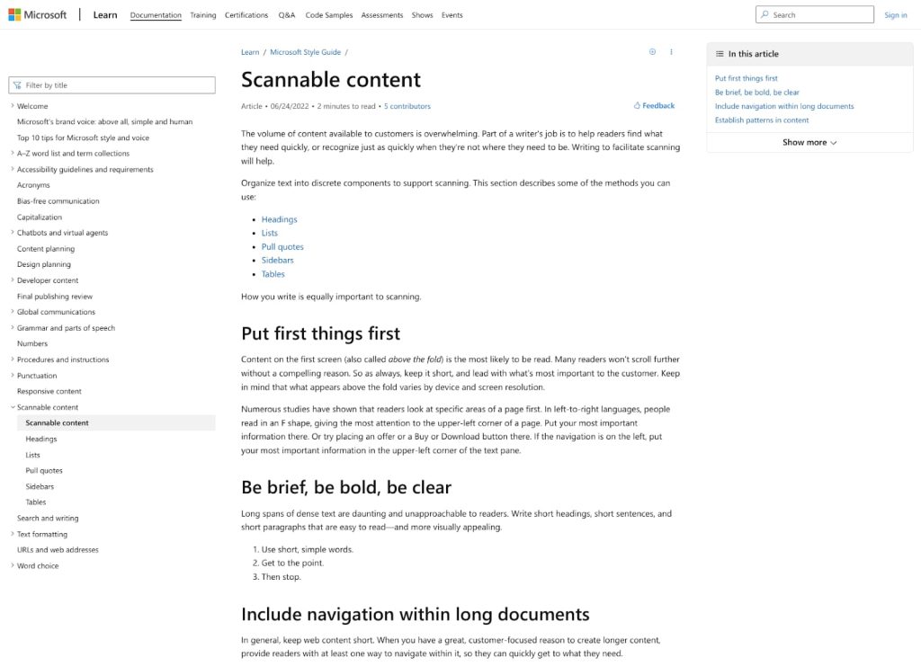 A screenshot of the microsoft website showing how to use writing to improve scannability