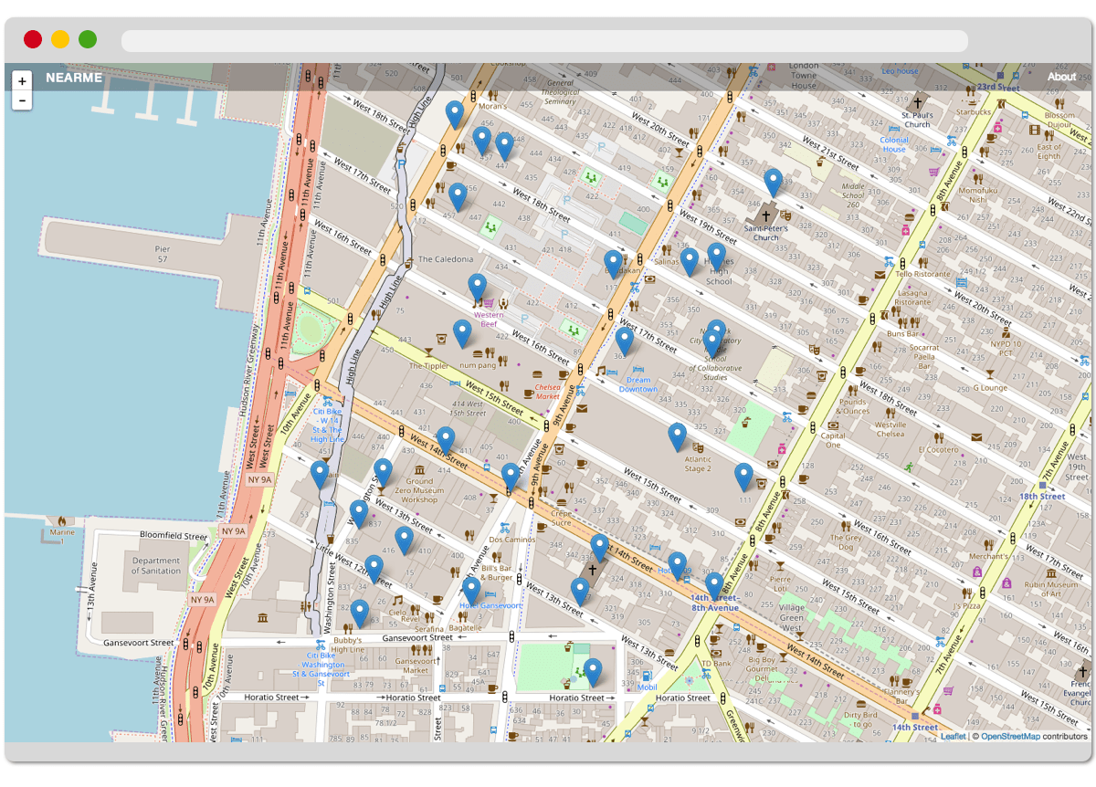 Screenshot of an interactive map from Aron Eidelman's full-stack development portfolio project.